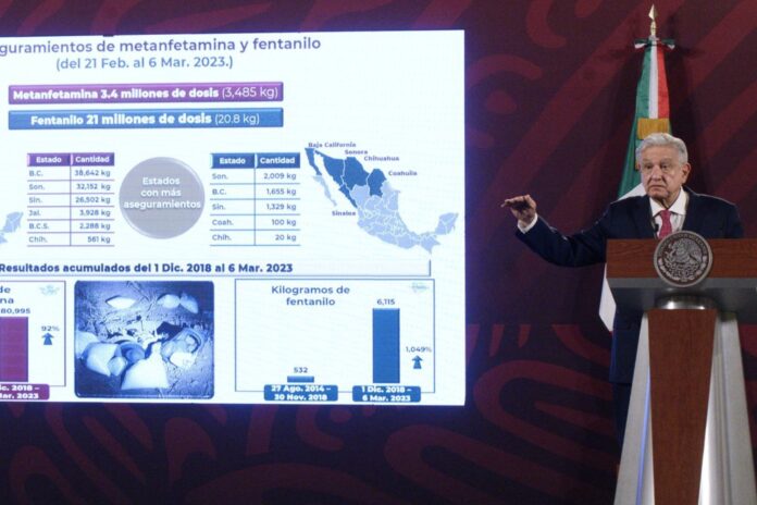 López Obrador habla sobre fentanilo en una de sus conferencias matutinas en Palacio Nacional. MARIO JASSO (CUARTOSCURO)